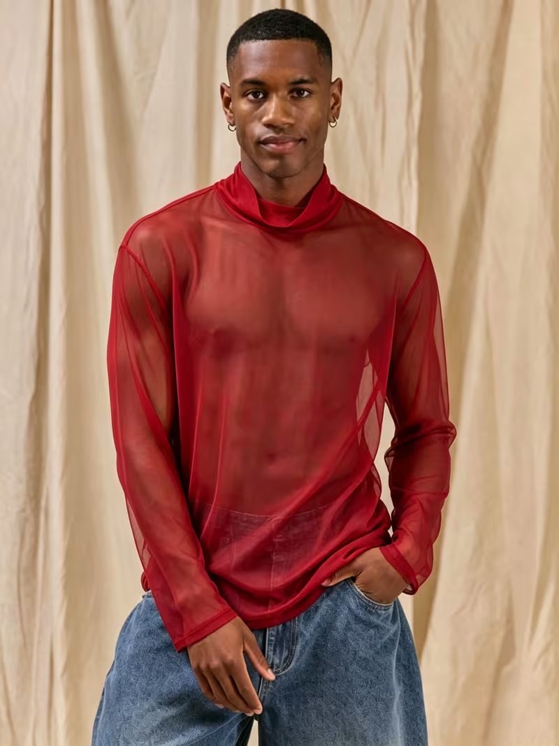 Sheer Mesh Mock-Neck Shirt