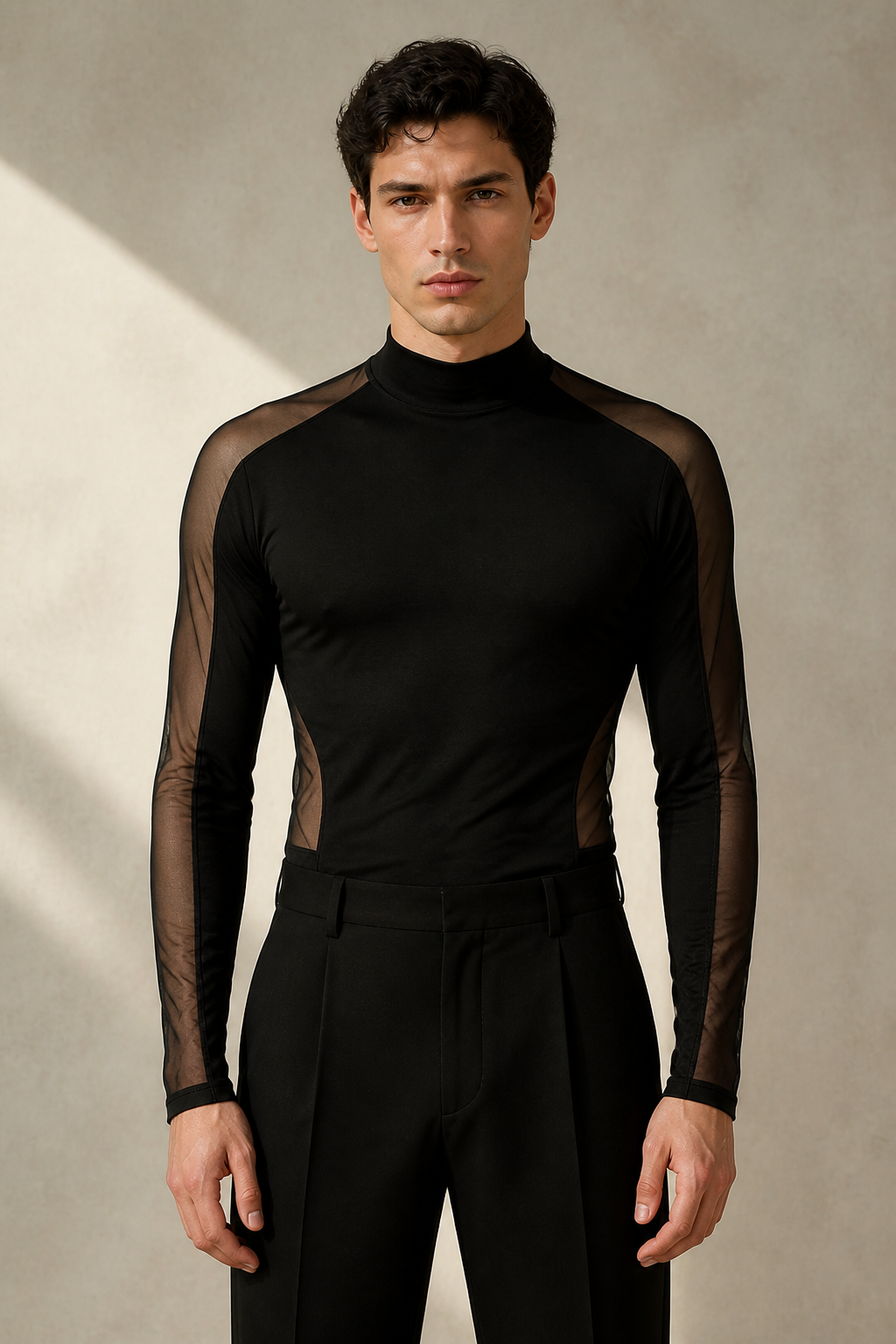 Mesh Panel Mock-Neck Top