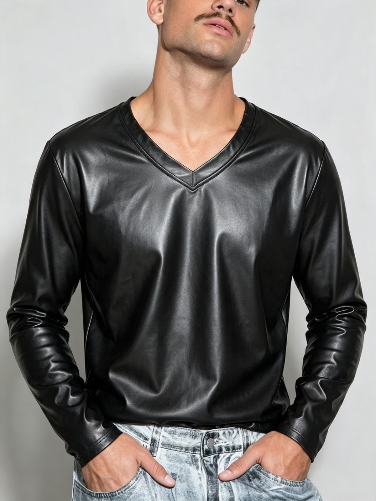 Faux Leather V-Neck Sweatshirt