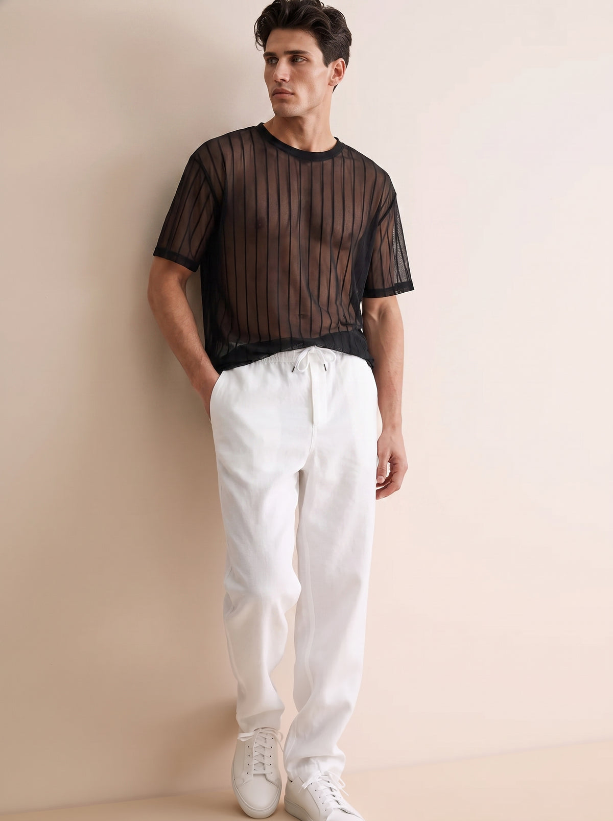 Sheer Stripe Mesh T-Shirt